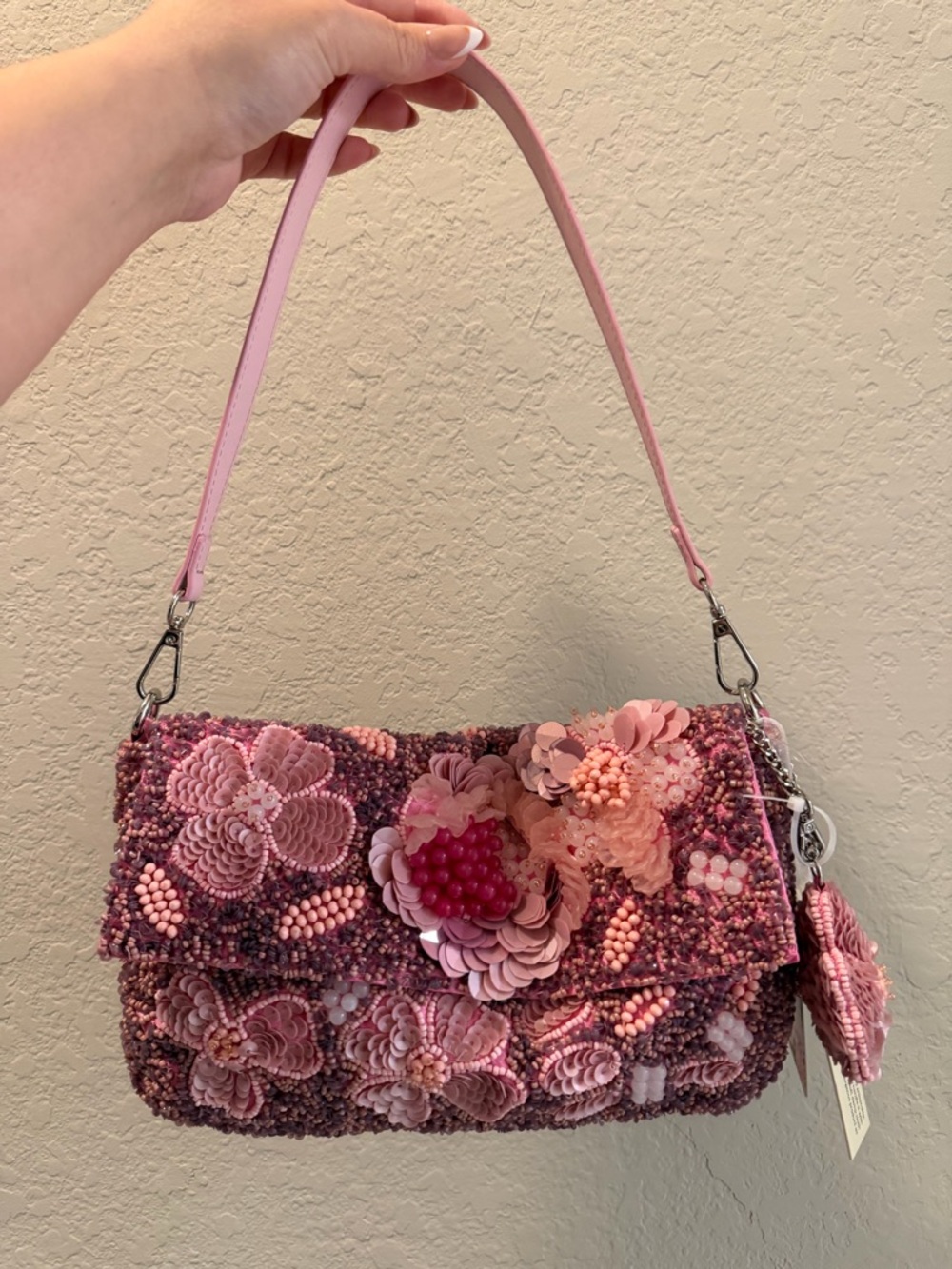 Viral Pink Floral Beaded Shoulder Bag Handmade in India NWT